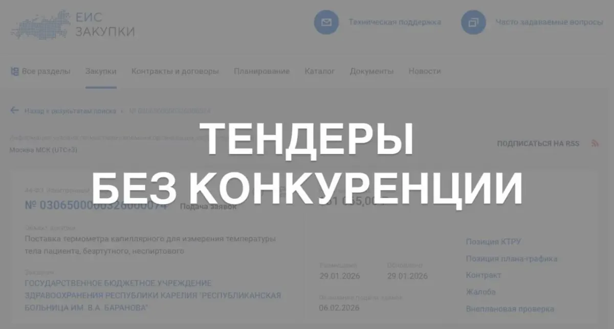 Надпись «ТЕНДЕРЫ БЕЗ КОНКУРЕНЦИИ» поверх размытого сайта о госзакупках и участии в тендерах