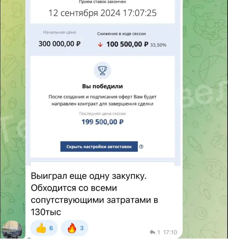 Скриншот протокола торгов с итоговой ценой контракта и процентом снижения