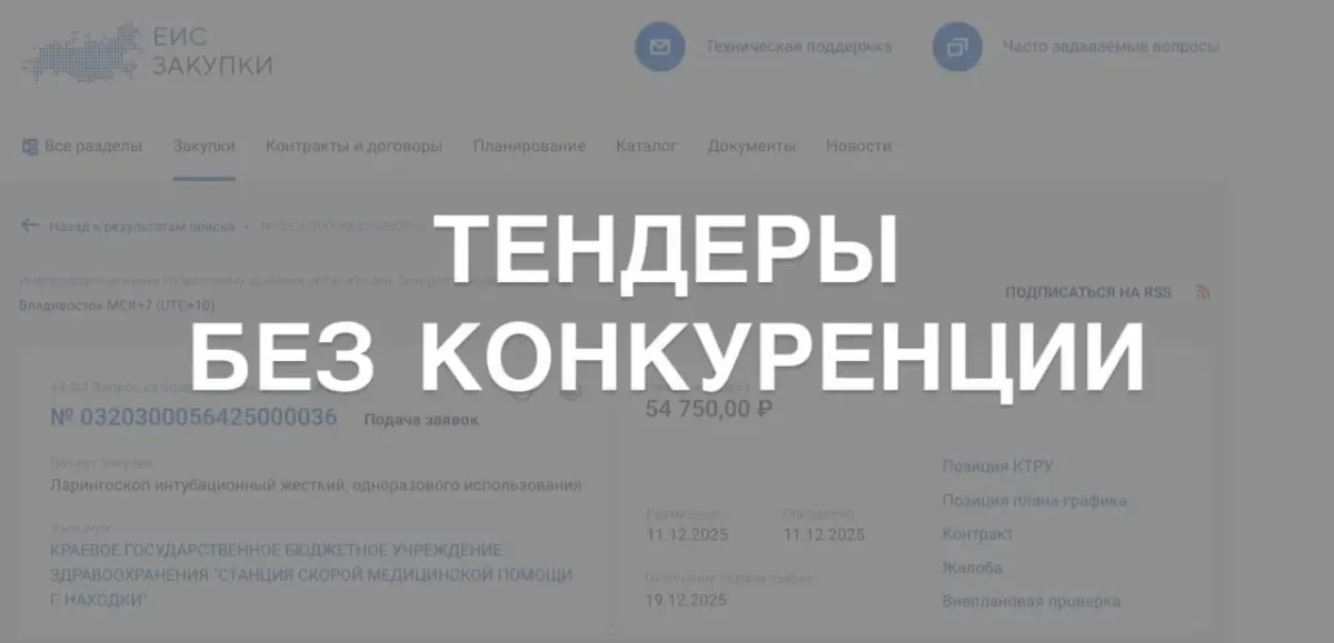 Размытый фон с надписью «тендеры без конкуренции» поверх страницы сервиса закупок